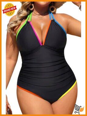 Plus Size One Piece Swimsuit Tummy Control Halter Sexy Swimwear